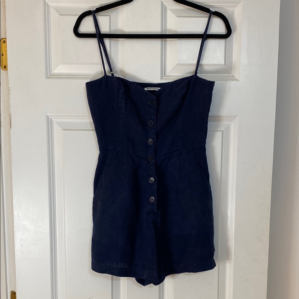 Reformation Navy Romper with Button Detail